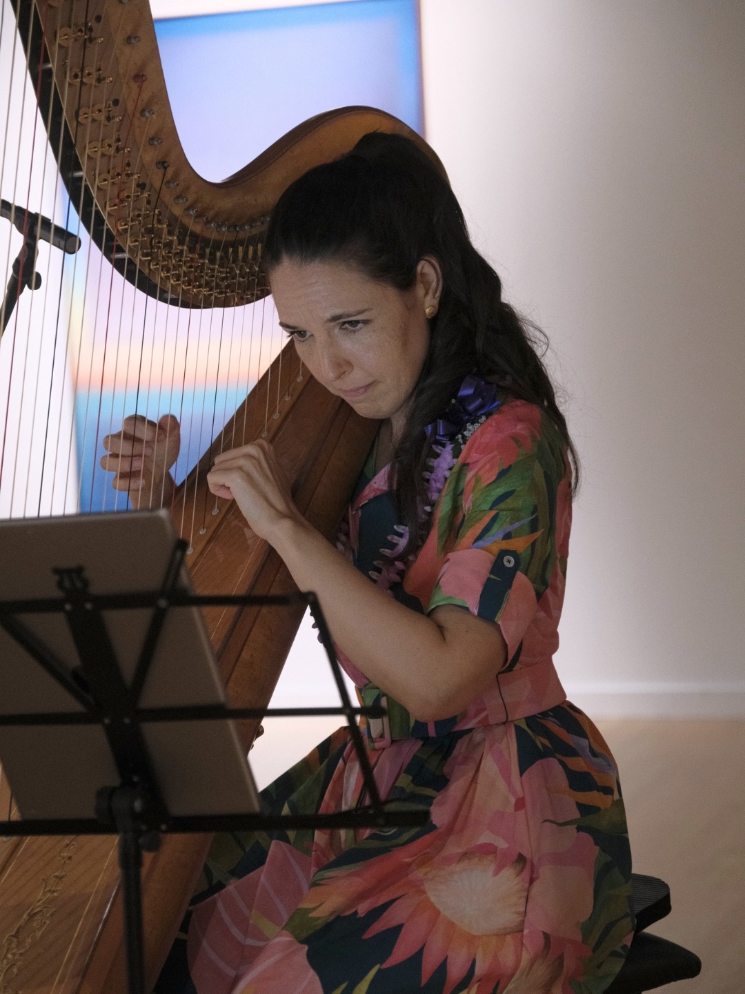 A harpist performing at a Noise Cabinet concert in the galleries of Capitol Modern